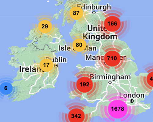 Map of the UK showing Sundial Locations